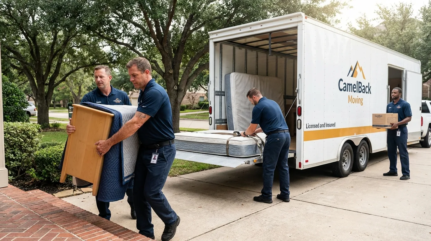 Crew loading residential truck for cross-state move from Evart, MI