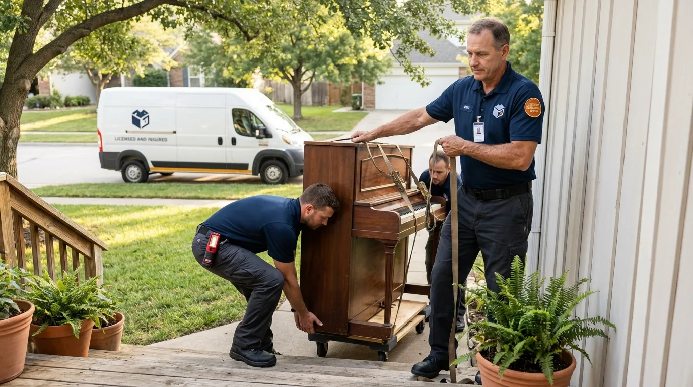 Licensed piano movers securing grand piano in Evart, MI