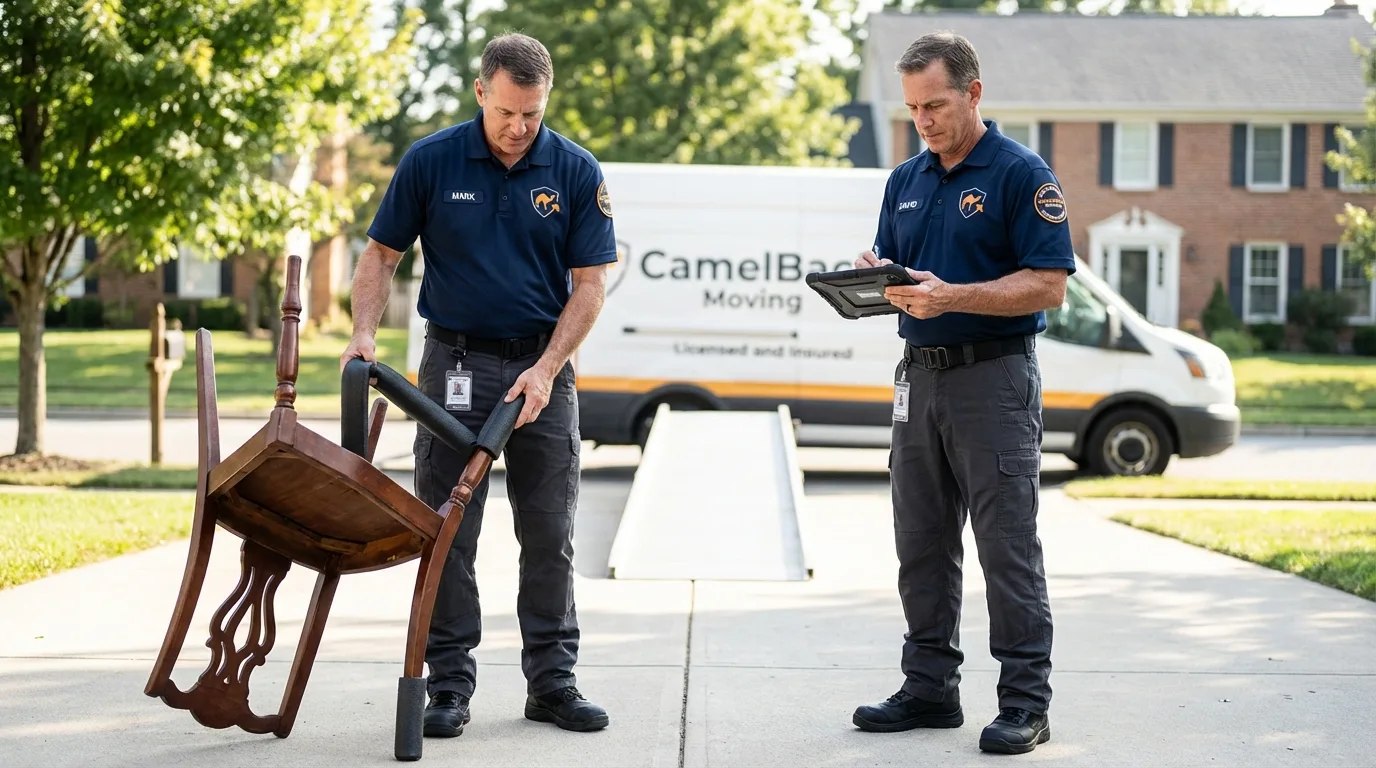 Movers inspecting furniture for damage prevention before loading in Evart, MI