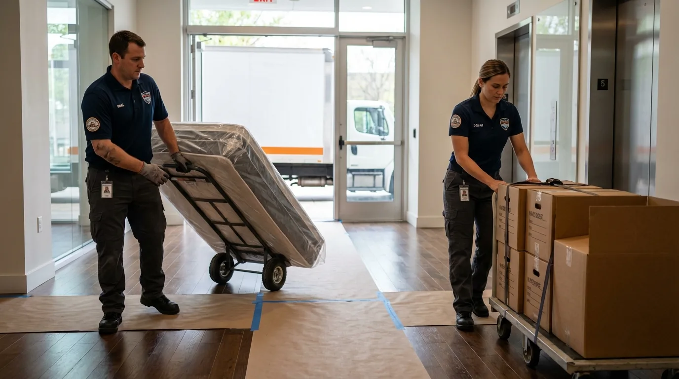 Professional apartment movers loading elevator in Evart, MI